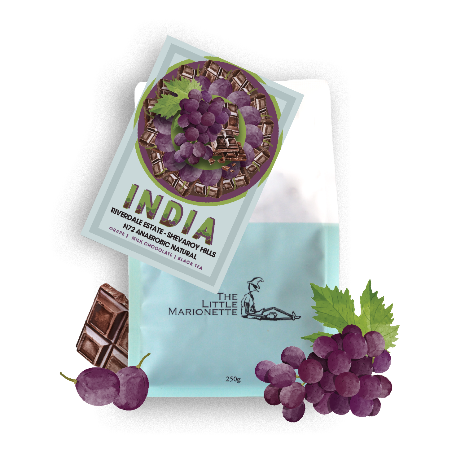 Bag of The Little Marionette single origin specialty coffee beans from India in branded packaging, roasted in Sydney and sourced from a sustainable coffee farm. 