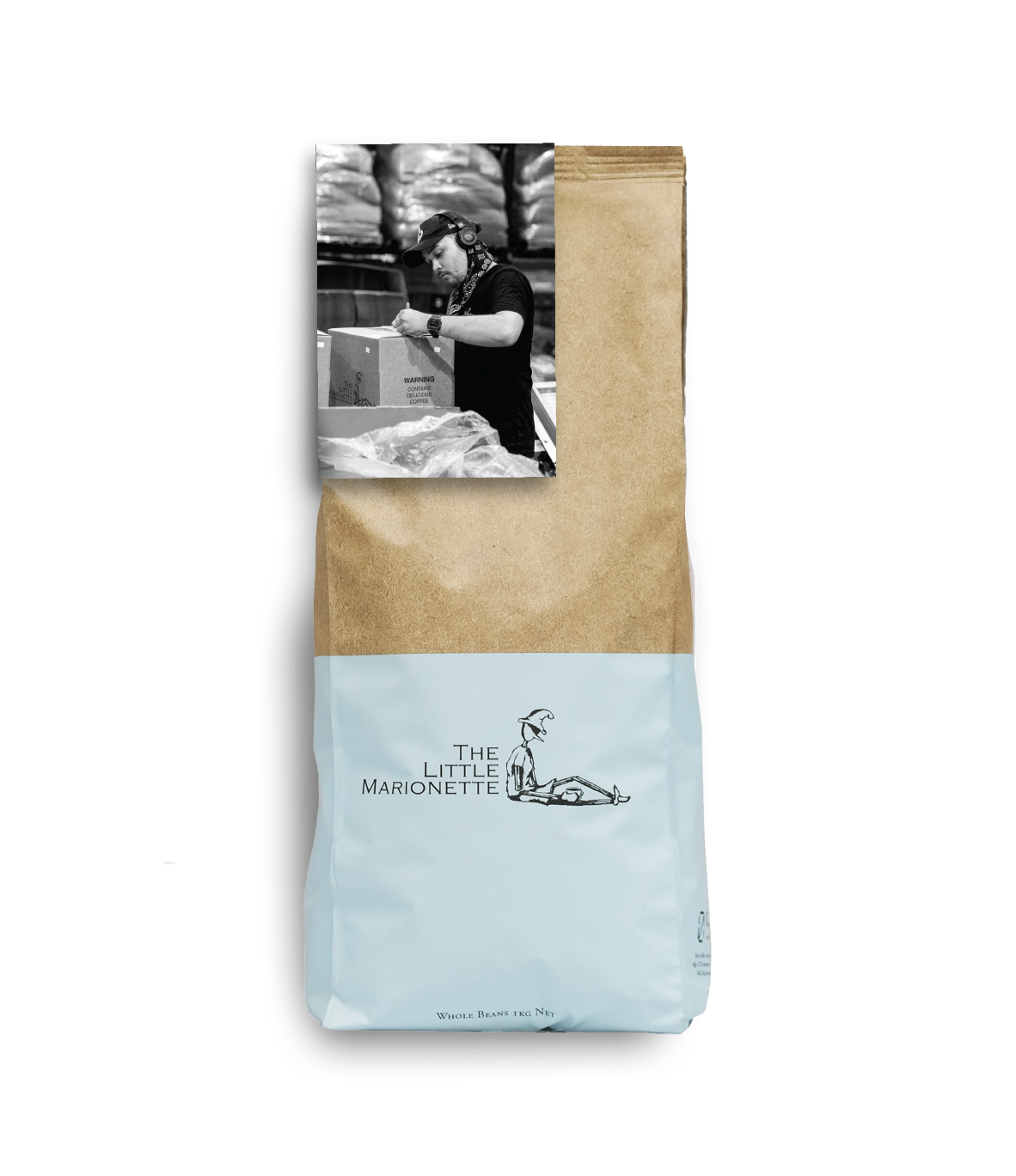 Bag of The Little Marionette Signature Sanchez Blend specialty coffee beans in branded packaging, hand-roasted in Sydney and made from ethically sourced beans with dark chocolate, cherry and spice notes. 