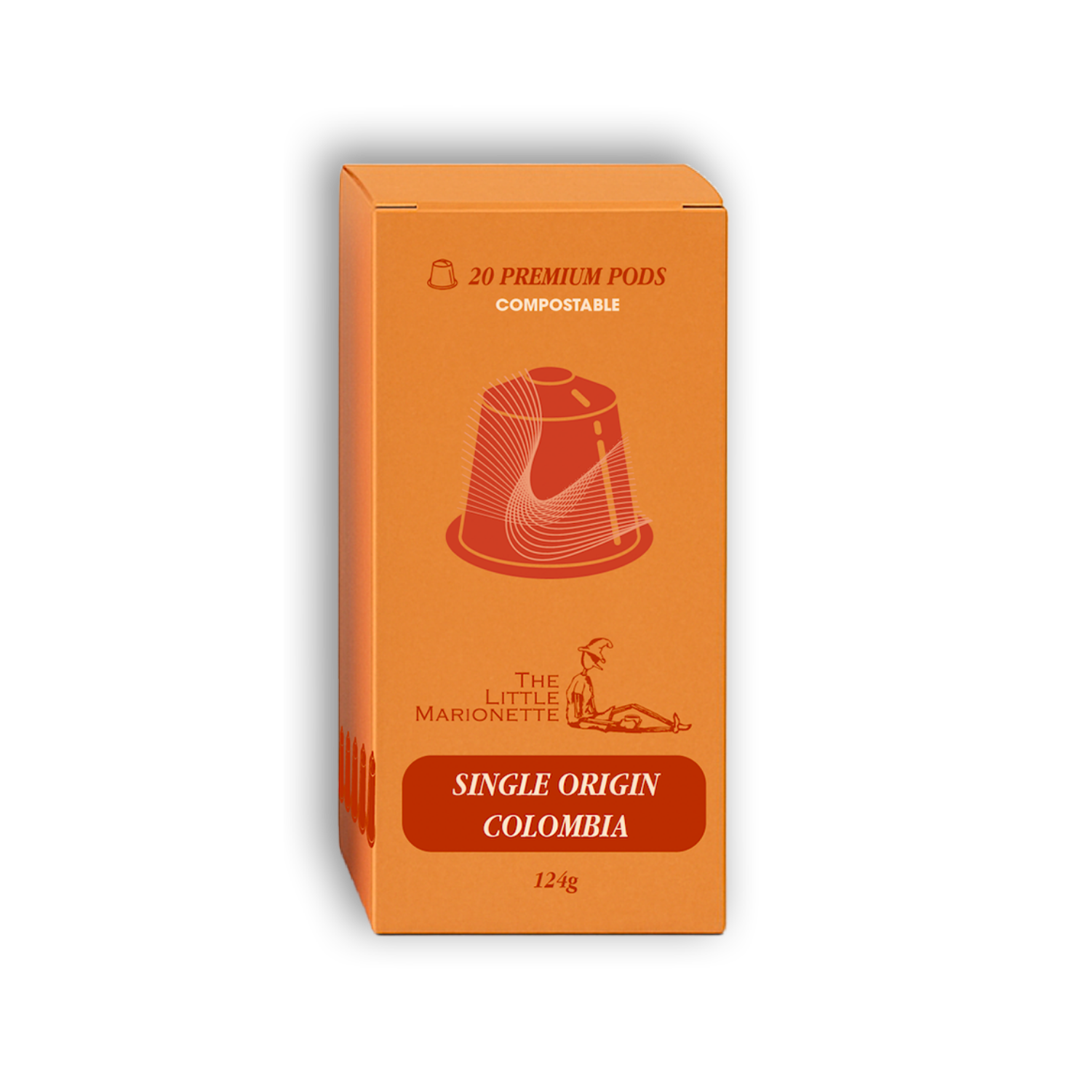 The Little Marionette coffee pods in branded packaging, compatible with single-serve machines, containing ethically sourced specialty coffee, hand-roasted in Sydney. Made from single origin coffee beans from Colombia. 