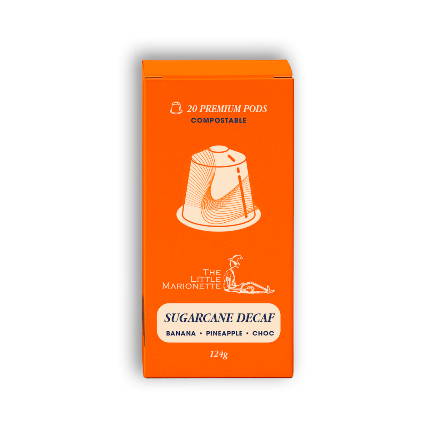 The Little Marionette coffee pods in branded packaging, compatible with single-serve machines, containing ethically sourced specialty coffee, hand-roasted in Sydney. Notes of banana, pineapple and chocolate. 