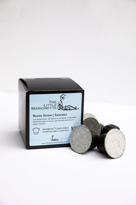 Sanchez Blend 7 compostable coffee pods by The Little Marionette
