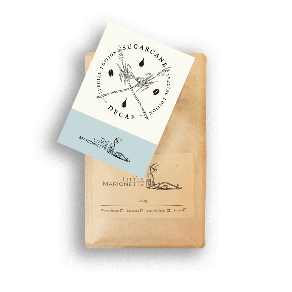 decaf sugarcane coffee bag by The Little Marionette 250g