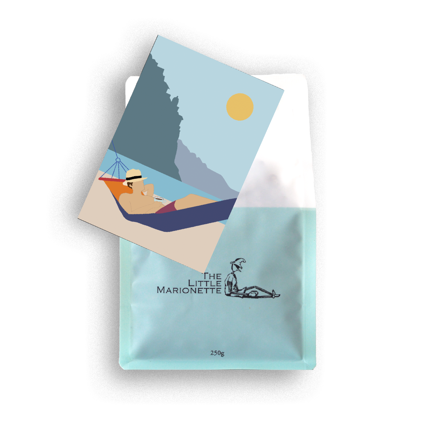 Bag of The Little Marionette half caff blend specialty coffee beans in branded packaging, hand-roasted in Sydney and made from ethically sourced beans with smooth, rich flavour