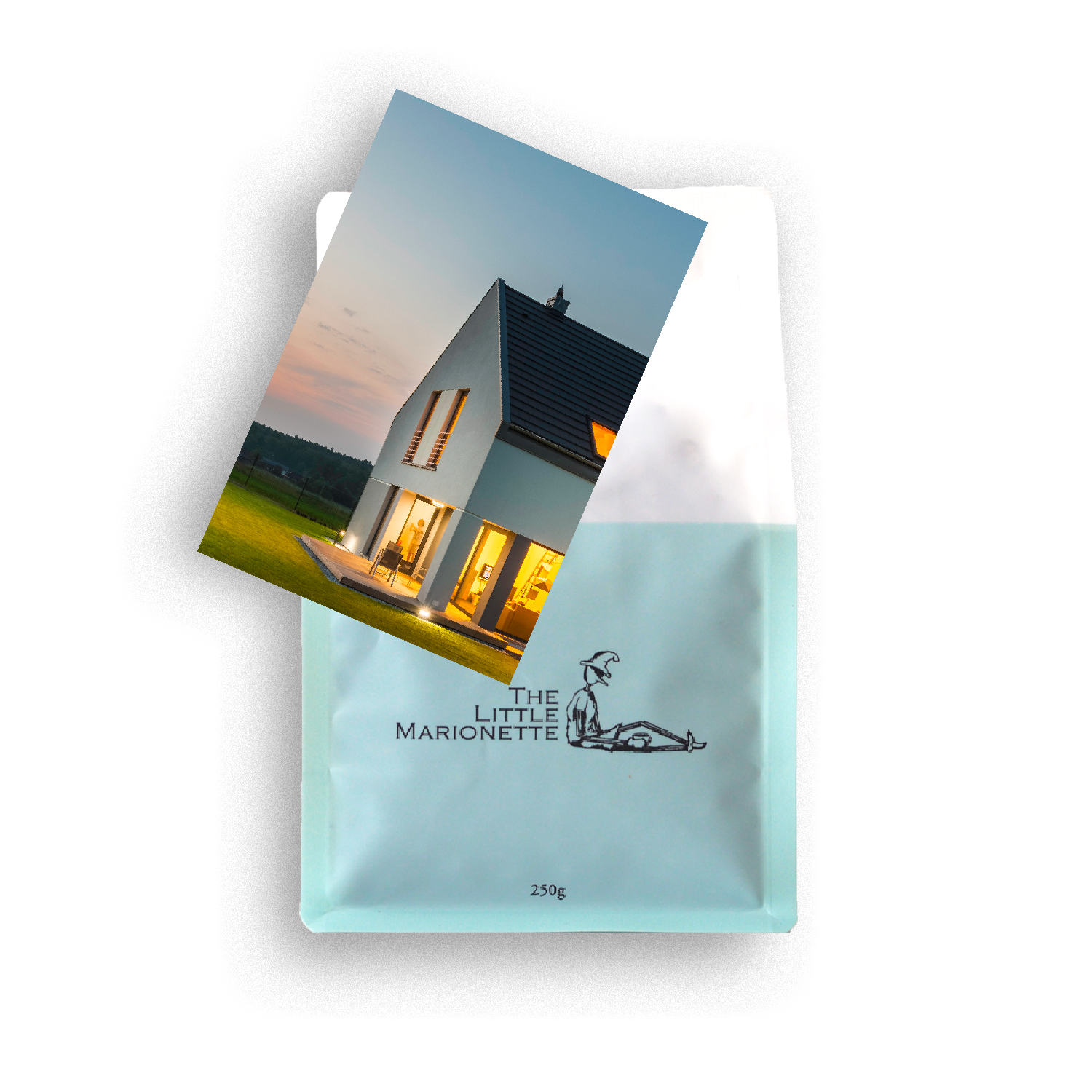 Bag of The Little Marionette Signature House Blend specialty coffee beans in branded packaging, hand-roasted in Sydney and made from ethically sourced beans with chocolate, caramel, and subtle fruit notes